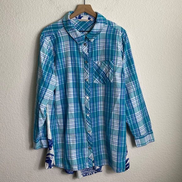 Soft Surroundings Aramie Women’s Plaid Front Peacock Back Shirt Size 1X Top - Picture 4 of 11